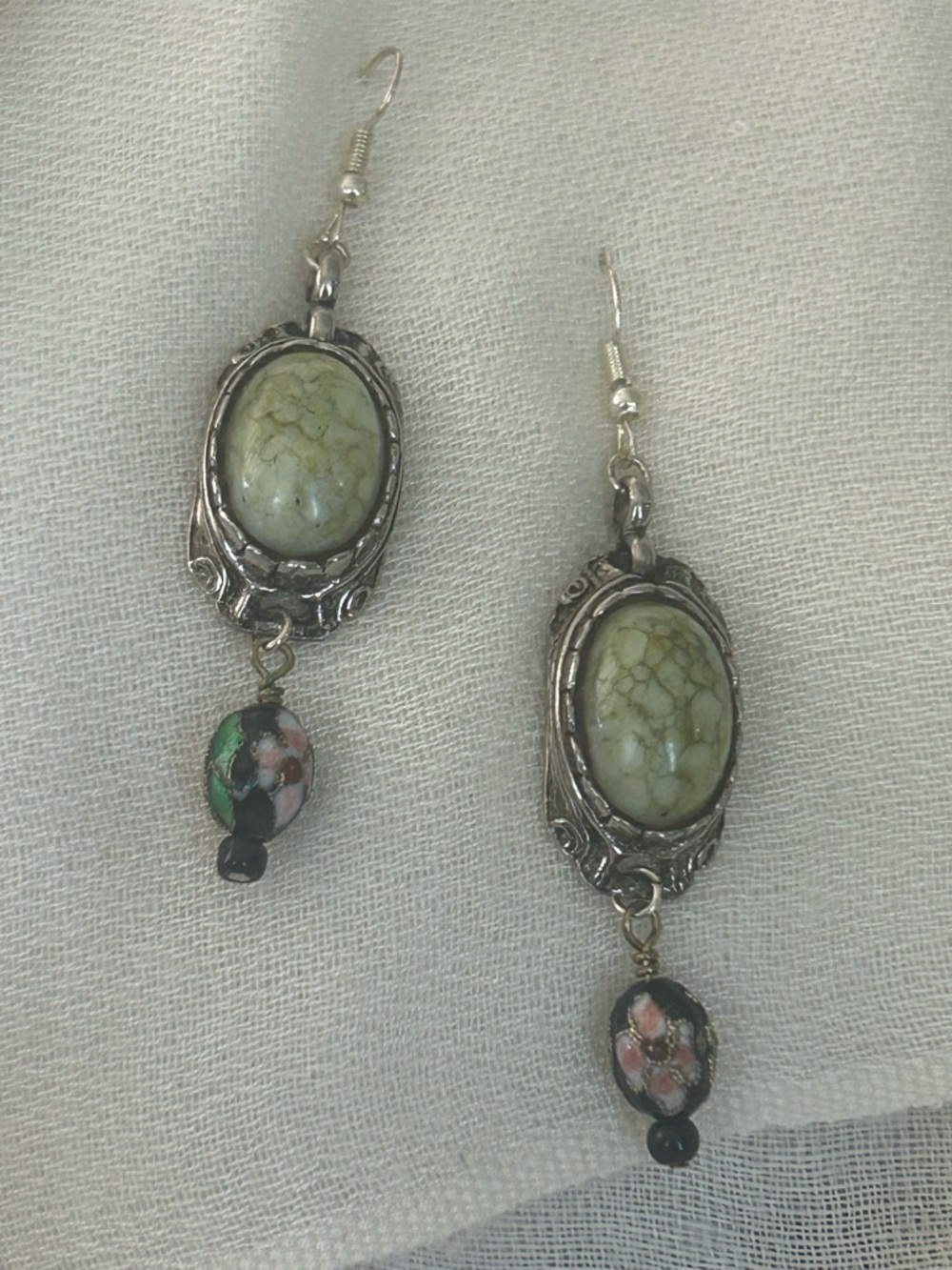 Elegantly repurposed green and silver drop earrings with Cloisonné beads.